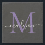 Schwarzer Lila Violet Monogram Feminine Script Nam Steinuntersetzer<br><div class="desc">Eleganter moderner Lila Violet Monogram Feminine Script Name Stone Untersetzer</div>