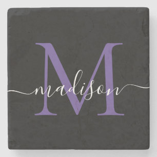 Schwarzer Lila Violet Monogram Feminine Script Nam Steinuntersetzer