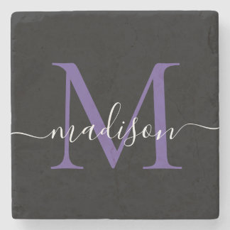 Schwarzer Lila Violet Monogram Feminine Script Nam Steinuntersetzer