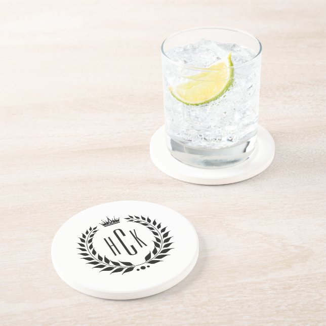 Schwarzer Lorbeerkranz mit individuellem Monogramm Getränkeuntersetzer (Seite)