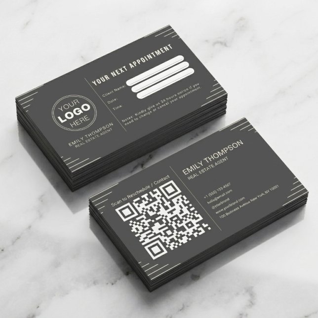 Schwarzer Luxus Art Deco QR Code Minimal Design Terminkarte (Luxury QR Code Business Card Template | Modern Appointment Card Design)