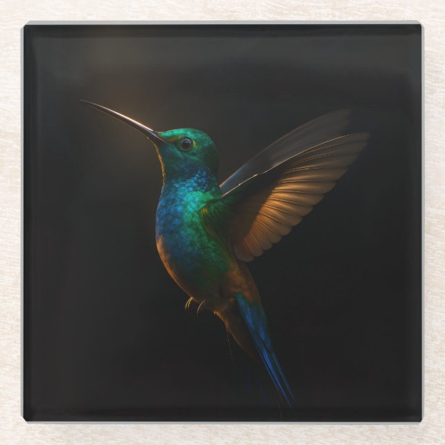 Schwarzer Luxus-Glasuntersetzer, Kolibri im Flug Glasuntersetzer (Vorderseite)