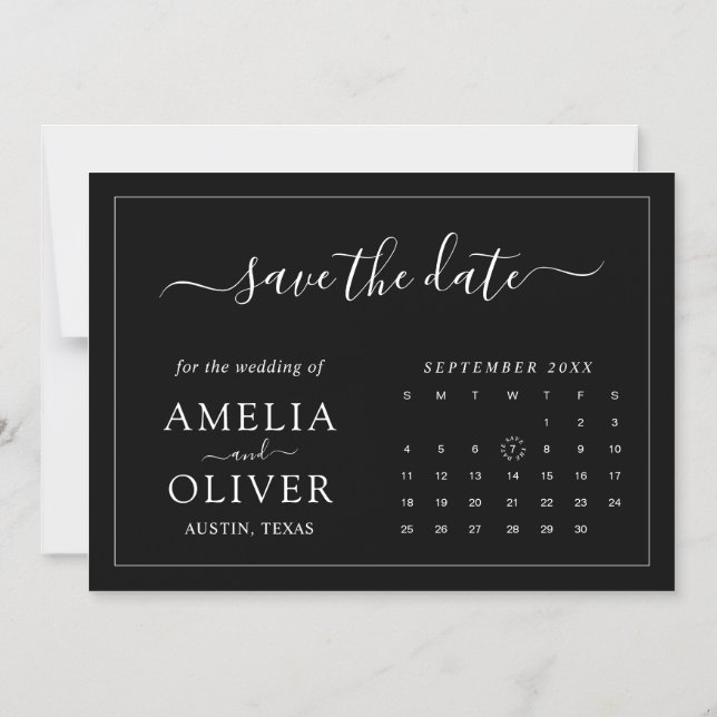 Schwarzer Magnet-Kalender Minimalist Save-The-Date Magneteinladung (Vorderseite)