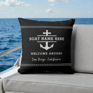 Schwarzer maritimer Kissenname Willkommen an Bord Kissen