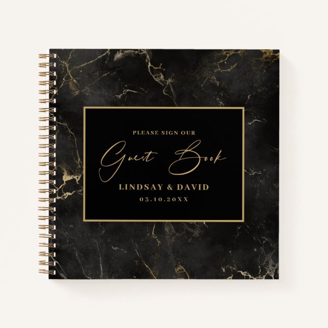 Schwarzer Marmor an der Goldgrenze Hochzeitsgästeb Notizbuch (Vorderseite)