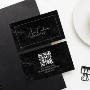 Schwarzer Marmor ElegantScript QR CODE Schwarz und Visitenkarte