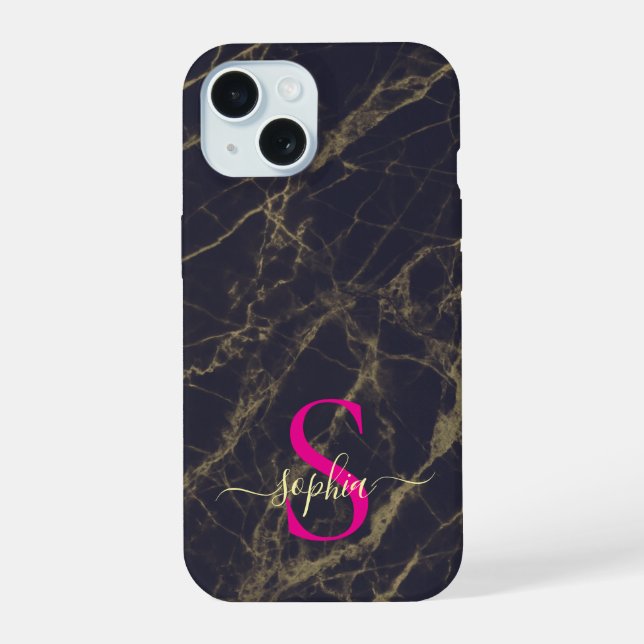 schwarzer Marmor gold glitzernde Monogramm iPhone 15 Hülle (Rückseite)
