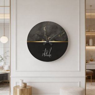 Schwarzer Marmor goldenes Monogramm Runde Wanduhr