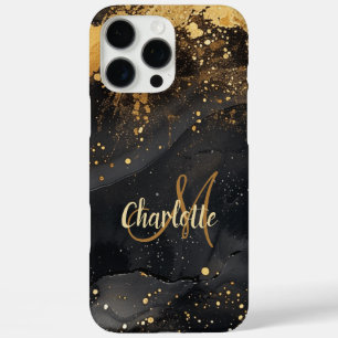 Schwarzer Marmor, Goldfolie, Name und Monogramm iPhone 16 Pro Max Hülle