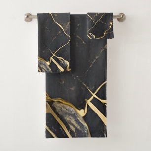 Schwarzer Marmor mit goldenen Adern und Streifen B Badhandtuch Set