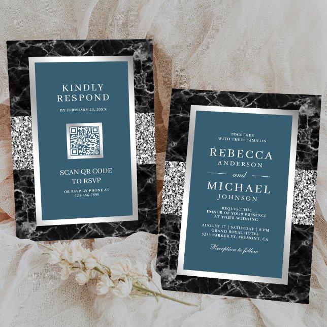 Schwarzer Marmor Silver Dusty Blue QR Code Wedding Einladung (Von Creator hochgeladen)