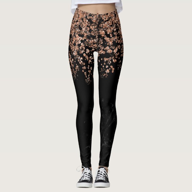 Schwarzer MarmorImitat-Rosen-GoldConfetti des Leggings (Vorderseite)