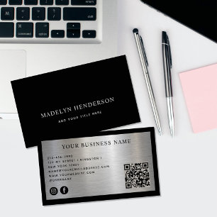 Schwarzer Metallischer Silber QR-Code Social Media Visitenkarte