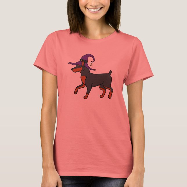 Schwarzer Miniaturpinscher mit Hexenhut T-Shirt (Vorderseite)