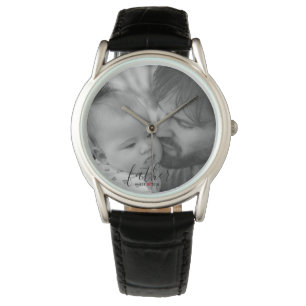 Schwarzer moderner Skript-Vater Est. Jahr-Foto Armbanduhr