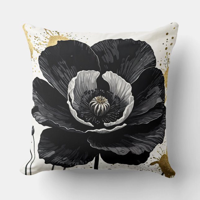 Schwarzer Mohn mit goldenem Spritzer Kissen (Vorderseite)
