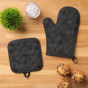 Schwarzer monochromer glitzernder Hintergrund Ofenhandschuh & Topflappen-Set