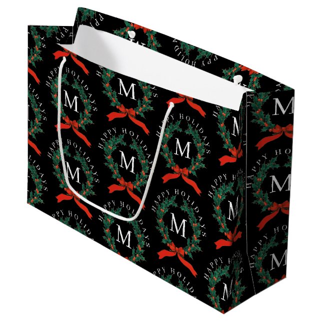Schwarzer Monogramm-Kranz für personalisierte Feie Große Geschenktüte (Vorderseite Schrägansicht)