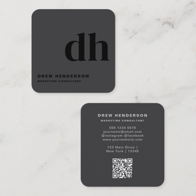 Schwarzer Monogramm-Professional-QR-Code  Quadratische Visitenkarte (Vorne/Hinten)