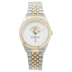 Schwarzer Monogrammkunststoff Goldene Palme Tropis Armbanduhr