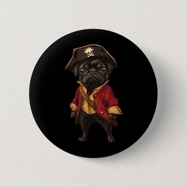Schwarzer Mops als Pirat verkleidet lustiger Hund  Button (Vorderseite)