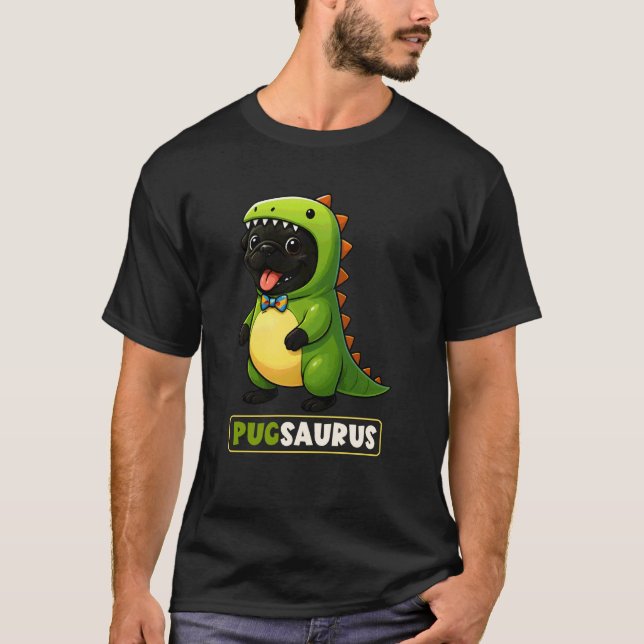 Schwarzer Mops-Dinosaurier-Kostüm Pugsaurus Trex M T-Shirt (Vorderseite)