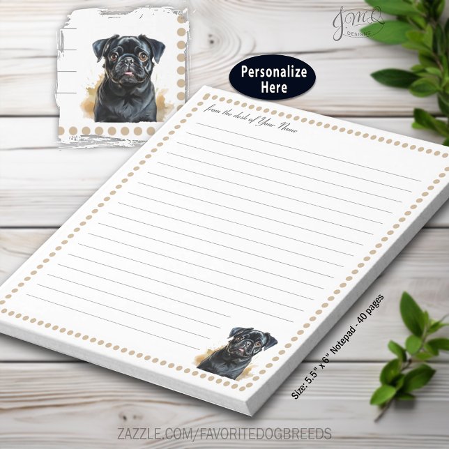 Schwarzer Mops Dog Personalisiert ausgekleidet Notizblock (Black Pug Dog Personalized lined Notepad)