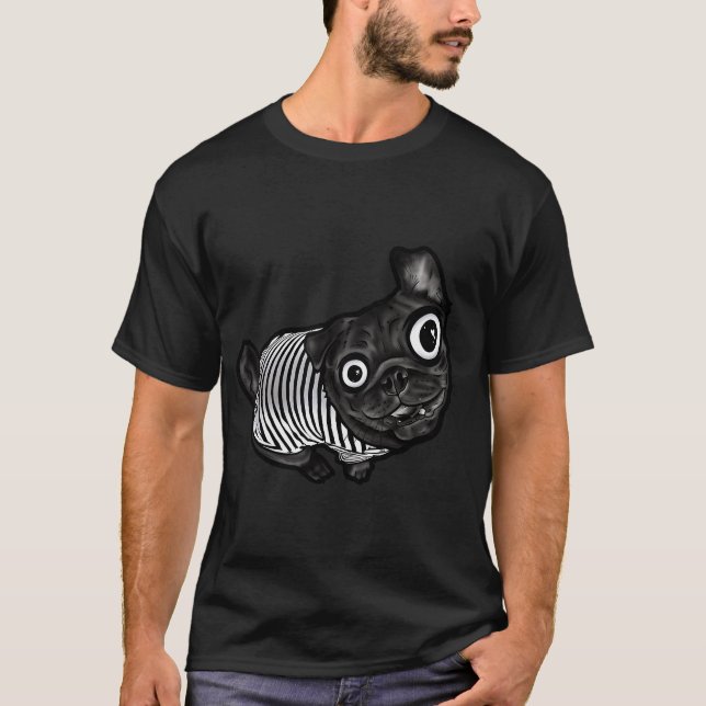Schwarzer Mops gestreift  T-Shirt (Vorderseite)