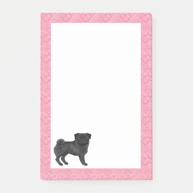 Schwarzer Mops Hund Cartoon Mops Liebe Herzmuster  Post-it Klebezettel (Vorderseite)