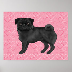 Schwarzer Mops Hund Cartoon Mops Liebe Herzmuster Poster