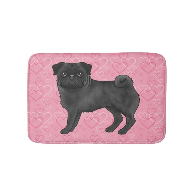 Schwarzer Mops Hund Cartoon Mops Rosa Liebe Herzmu Badematte (Vorderseite)