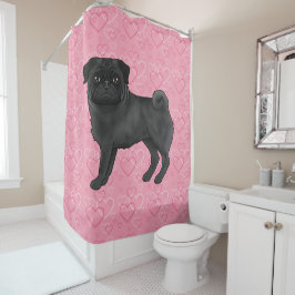 Schwarzer Mops Hund Cartoon Mops Rosa Liebe Herzmu Duschvorhang