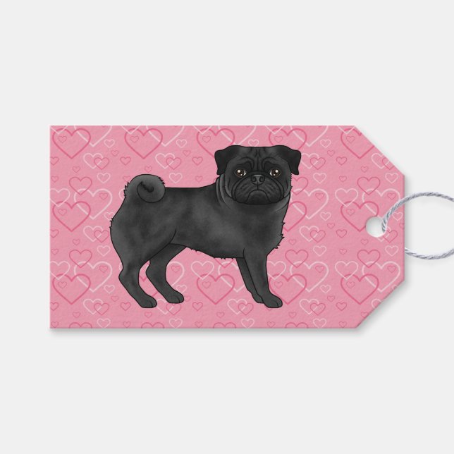 Schwarzer Mops Hund Cartoon Mops Rosa Liebe Herzmu Geschenkanhänger (Vorderseite (Horizontal))