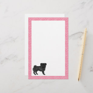 Schwarzer Mops-Hund Cartoon mopst rosa Liebesherzm Briefpapier