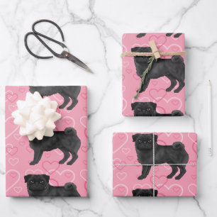 Schwarzer Mops-Hund Cartoon mopst rosa Liebesherzm Geschenkpapier Set