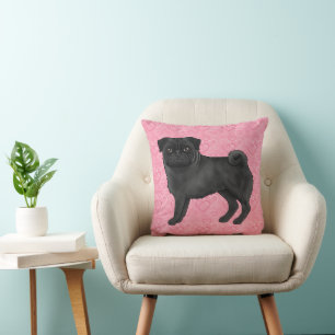 Schwarzer Mops-Hund Cartoon mopst rosa Liebesherzm Kissen