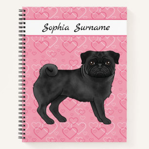 Schwarzer Mops Hund Cute Mops und rosa Herzen mit Notizbuch