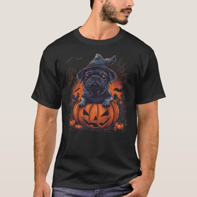 Schwarzer Mops-Hund Kürbis Halloween Thanksgiving  T-Shirt (Vorderseite)