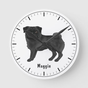 Schwarzer Mops Hund Niedliche Cartoon-Abbildung mi Runde Wanduhr