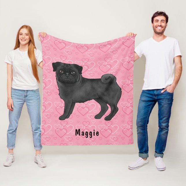 Schwarzer Mops Hund Niedlichen Mops und rosa Herze Fleecedecke (Beispiel)