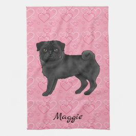 Schwarzer Mops Hund Niedlichen Mops und rosa Herze Geschirrtuch