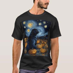 Schwarzer Mops-Hund von Van Gogh Sternen Nacht Hal T-Shirt