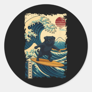 Schwarzer Mops Japanische Kanagawa Welle Surfen Ja Runder Aufkleber