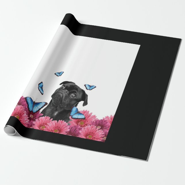 Schwarzer Mops mit blauen Schmetterlingen und Gerb Geschenkpapier (Ungerollt)