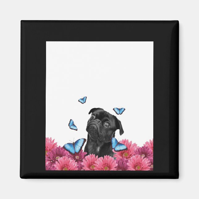 Schwarzer Mops mit blauen Schmetterlingen und Gerb Magnet (Vorne)