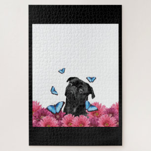 Schwarzer Mops mit blauen Schmetterlingen und Gerb Puzzle