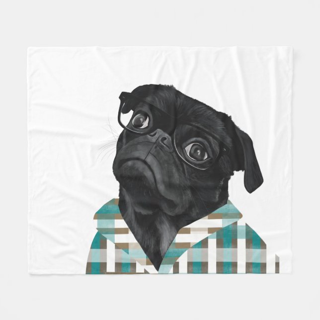Schwarzer Mops mit Brille und Shirt Fleecedecke (Vorderseite (Horizontal))