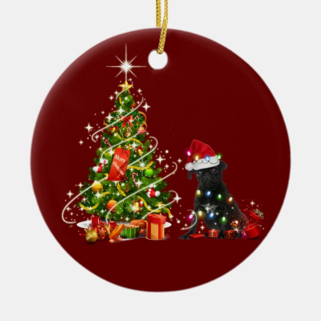 Schwarzer Mops mit Hat Scanner Weihnachten Keramik Ornament (Vorne)