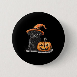 Schwarzer Mops mit Hexenhut und KürbisHalloween-Mo Button