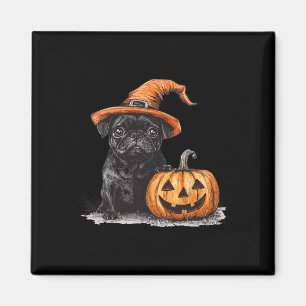 Schwarzer Mops mit Hexenhut und KürbisHalloween-Mo Magnet